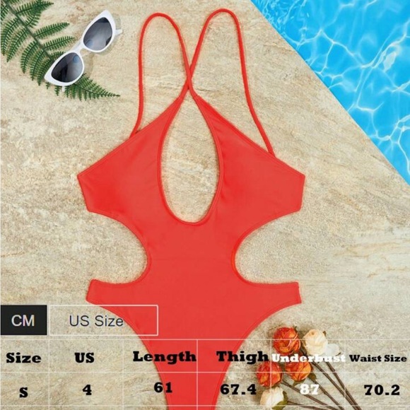Red One Piece SZ S Swimsuit Sexy Strappy Crossover Top Cut Out High Cut Cheeky - Picture 8 of 9